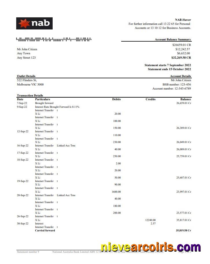 Australia NAB bank statement 2 pages xls